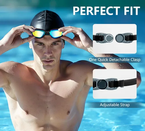 Miniatura 6 de Juego de gafas de natación sin fugas, antivaho y anti-UV, clip de nariz, gorro de natación y estuche para hombres, mujeres y adultos Dorado