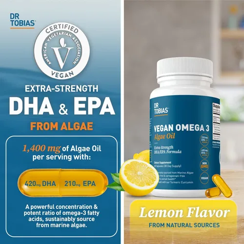 Miniatura 2 de Dr. Tobias Suplemento vegano de Omega 3, 1400 mg de aceite de algas, 420 mg de DHA y 210 mg de EPA por porción, sin OMG, sin gluten, sin
