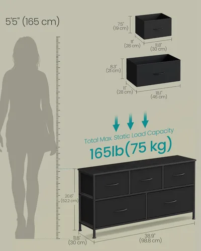 Miniatura 2 de SONGMICS Cómoda para dormitorio, cómoda, acero, MDF, 5 cajones de tela no tejida, unidad organizadora de almacenamiento, armario, entrada, negro