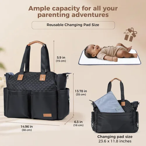 Miniatura 4 de Lekebaby Bolsa de pañales – 17 bolsillos grande para pañales de viaje impermeable con cambiador portátil, bolsa de hospital cruzada para mamá