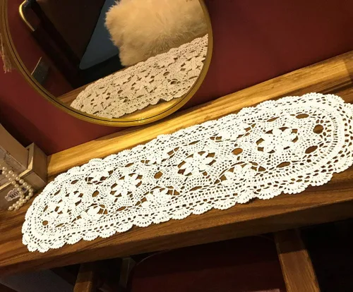Miniatura 8 de Pasillos de ganchillo hechos a mano beige de algodón, tapetes de encaje ovalados para dormitorios, 12 x 20 pulgadas.