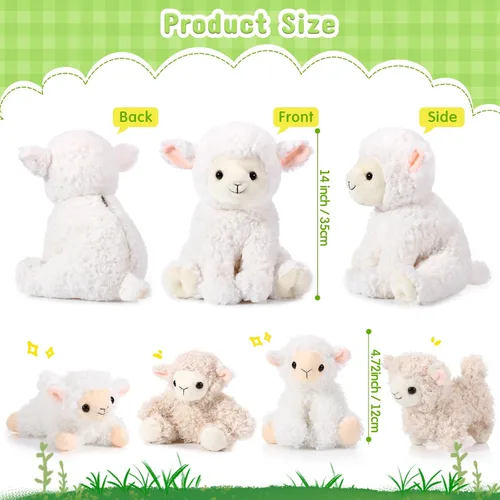 Miniatura 2 de Lenwen Juego de 5 juguetes de peluche de cordero, peluche de cordero de 14 pulgadas con 4 lindos bebés en ella, con cremallera, suave peluche