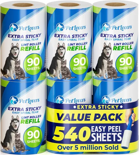 PetLovers Rodillo de pelusa extra pegajoso, paquete de 6 repuestos, no incluye mango, 90 hojas por repuesto, 540 hojas en total