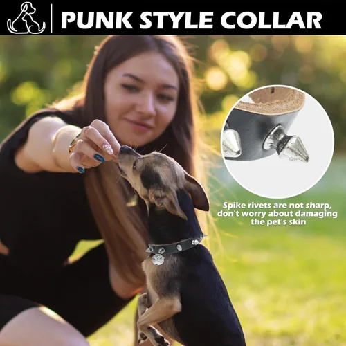 Miniatura 2 de BINGPET Collar de piel con clavos para gatos con campanas, collar de perro tachonado con hebilla, collares góticos suaves para gatitos con púas