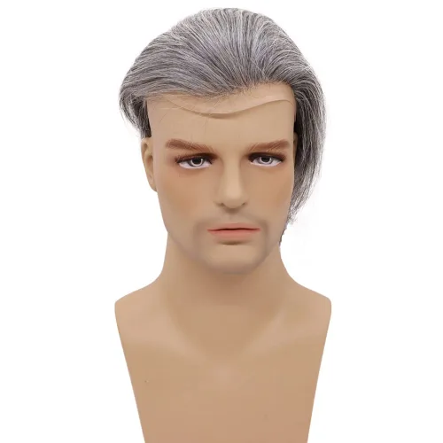 Miniatura 4 de Peluca de cabello humano europeo de repuesto para hombre, encaje suizo frontal, 0.003 in, piel fina, poliuretano, con bucle, 10 x 8 pulgadas, 1B, 1B