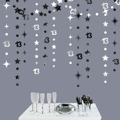 Miniatura 8 de Decoraciones Negras de Cumpleaños Número 13 Círculo Punto Estrella Centelleante Guirnalda Serpentina Colgante Metálica Banderín Banner Telón de Negro