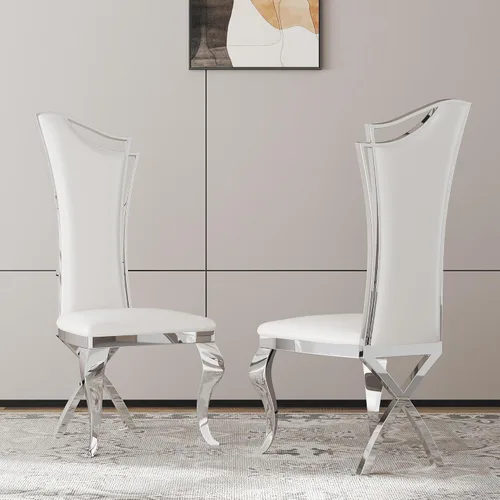 Miniatura 37 de Juego de 2 sillas con 2 sillas de comedor de piel sintética blanca, silla de cocina moderna con respaldo ovalado y patas de acero inoxidable