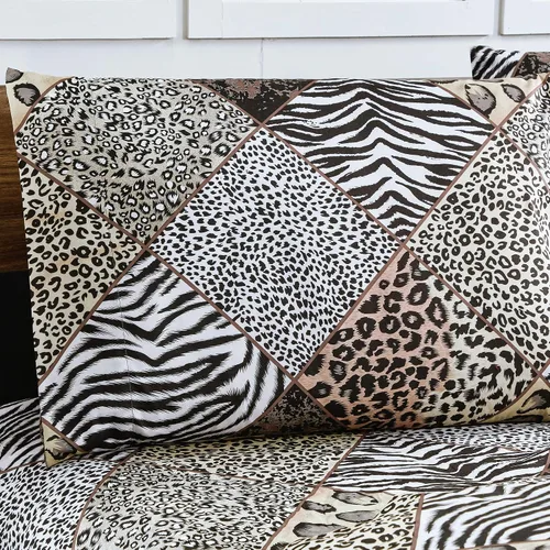 Miniatura 3 de WPM - Juego de sábanas bajeras de 3 piezas con estampado animal, diseño de cebra, jirafa, selva, bosque y leopardo, negro, blanco, gris, con funda