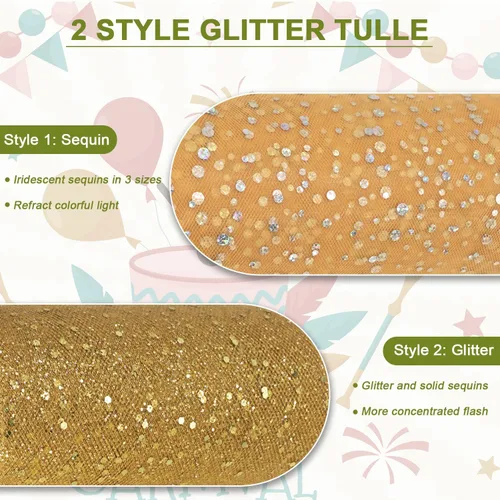 Miniatura 3 de Rollos de tela de tul con purpurina dorada de 6 pulgadas, 50 yardas (150 pies), carrete de cinta de red con lentejuelas brillantes para bodas, falda