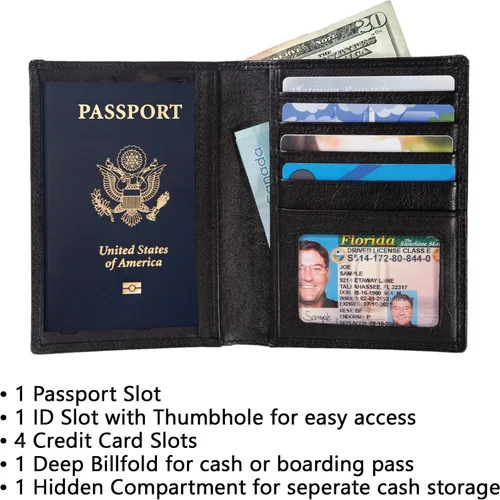 Miniatura 4 de Cartera RFID para pasaporte organizador de viaje - 2 soportes para pasaporte - Bifold de cuero delgado, Negro -, Cartera Rfid