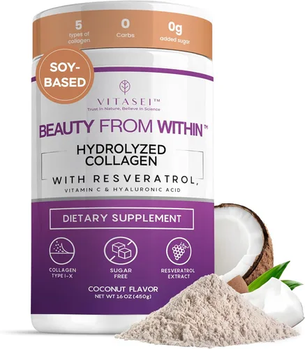 VITASEI Polvo de péptidos de colágeno hidrolizados con resveratrol y vitamina C - Soporte para el cabello, la piel y las articulaciones - Colágeno