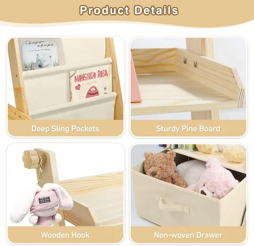 Miniatura 6 de Estantería infantil y organizador de juguetes 2 en 1, estante para libros para habitaciones de niños con cubo de juguetes móvil, estante de 4 Beige