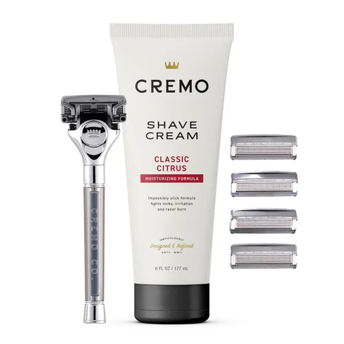 Cremo Juego de regalo original para afeitado para hombres, incluye crema de afeitar Impossibly-Slick de 6 onzas, maquinillas de afeitar cromadas de