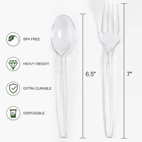 Miniatura 2 de Juego de 400 tenedores y cucharas de plástico transparente a granel, cucharas y tenedores desechables resistentes, cubiertos de plástico para fiestas