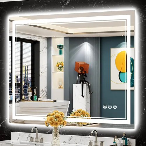 Miniatura 28 de 30x36 Espejo de baño LED con luces, retroiluminado y luz frontal, espejo de tocador iluminado antivaho para pared de baño, 3 colores, regulable