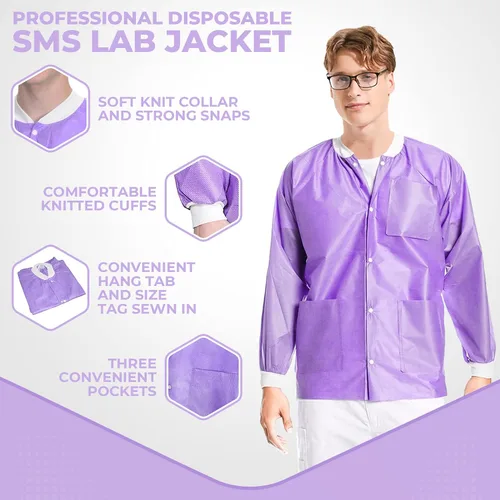 Miniatura 23 de Paquete de 10 chaquetas desechables de laboratorio, chaqueta médica reutilizable hasta la cadera, unisex, con puños de punto y bolsillos