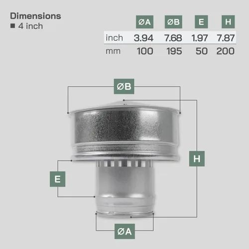 Miniatura 2 de Vent Systems Tapa redonda de ventilación de techo de 4 pulgadas, protector de lluvia de chimenea de acero galvanizado con escudo contra el viento