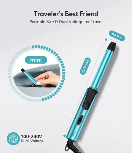 Miniatura 2 de FARERY Mini rizador de pelo de tamaño de viaje, 100-240 V, doble voltaje, 1/2 pulgada, mini rizador de pelo de cerámica para cabello corto