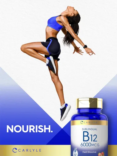 Miniatura 6 de Carlyle Vitamina B-12 6000mcg 120 tabletas de disolución rápida Sabor natural de bayas Cianocobalamina y metilcobalamina Suplemento
