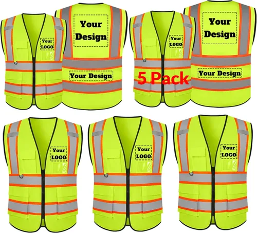 Miniatura 25 de Chaleco de seguridad personalizable con logotipo con 5 bolsillos y cremallera reflectante de alta visibilidad clase 2 ropa de trabajo al aire libre