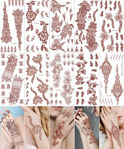 Miniatura 22 de 10 hojas de calcomanías temporales de henna de henna 5P negro + 5P marrón, calcomanías de tatuaje para mujeres, calcomanías de arte corporal para 5