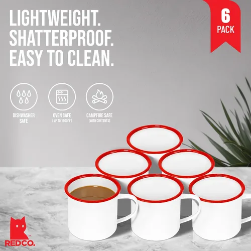 Miniatura 2 de Red Co. Juego de 6 tazas redondas de café y té de metal esmaltado de 12 onzas con asa, borde blanco y rojo sólido