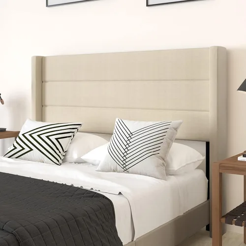 Miniatura 6 de Merrick Lane Percy - Cama de plataforma moderna, lino sintético beige, tamaño Queen, cabecero acolchado con respaldo con alas cosidas de canal