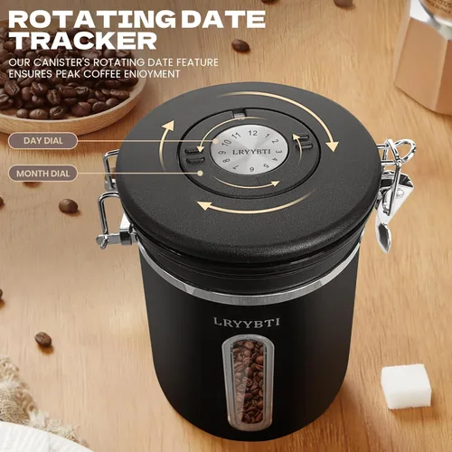 Miniatura 2 de Recipientes de café con ventana, cuchara y tapa hermética de acero inoxidable para almacenamiento de granos de café en la cocina (22 oz/negro)