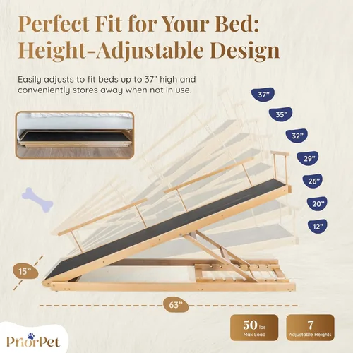 Miniatura 3 de Rampa para perros para cama - Rampa ajustable de madera de abedul PRIORPET para que los perros se suban a la cama: rampas para perros para camas