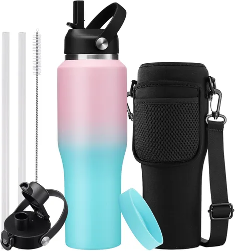 Miniatura 19 de Botella de agua de acero inoxidable de 32 onzas, frío-48 horas y caliente-24 horas, termo con popote y tapas de boquilla, bolsa, botella aislada al