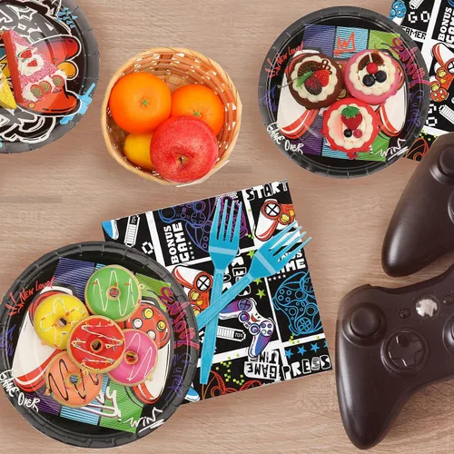 Miniatura 4 de SCIONE Juego de 96 platos y servilletas de videojuegos para fiestas, juego de vajilla para fiesta de videojuegos, decoración de fiesta