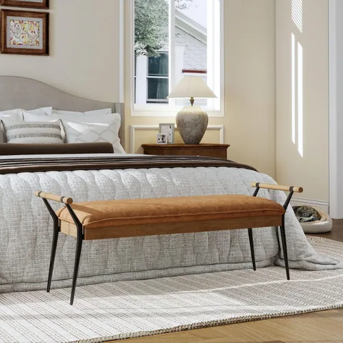 Miniatura 5 de LukeAlon Moderno banco de entrada de piel sintética, banco tapizado en el extremo de la cama con brazos, banco otomano clásico para dormitorio