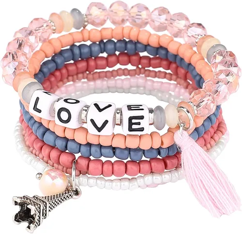 Miniatura 4 de iYours 6 juegos de pulseras bohemias multicapa con borlas hechas a mano, pulseras envolventes para mujer, Sin gemas.