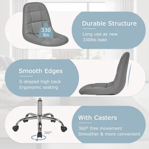 Miniatura 6 de VECELO Silla de escritorio para casa y oficina sin brazos, altura ajustable, de piel sintética PU, giratoria 360 grados con ruedas, elegante y Gris