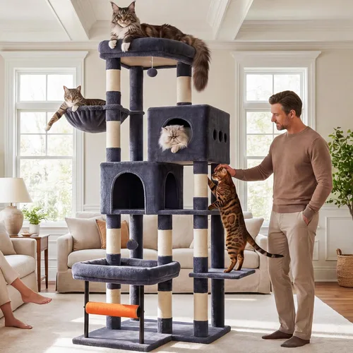 Miniatura 14 de Hey-brother Árbol para gatos, postes rascadores para gatos con cama, torre resistente con columnas totalmente envueltas en sisal y bola de juguete