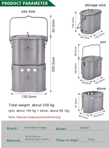 Miniatura 3 de Boundless Voyage Olla de titanio con estufa de leña, taza ultraligera con tapa para acampar al aire libre, picnic, senderismo, mochilero, 27.1 fl