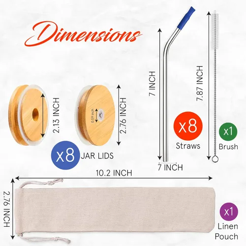 Miniatura 2 de Tapas de bambú para tarros de masón con agujero para pajilla, popotes reutilizables de acero inoxidable con puntas de silicona de colores, cepillo