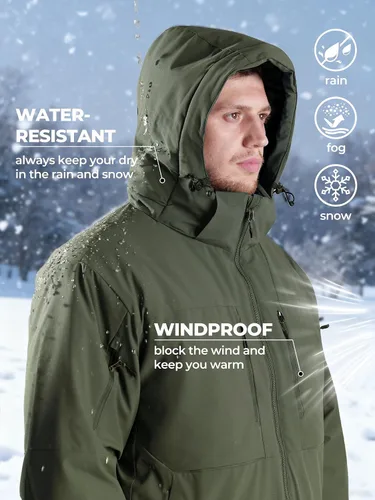 Miniatura 2 de Men's Winter Insulated Coat Warm Water Resistant Skiing Parka Jacket Fleece Lined Detachable Hood 7 Pockets Work Coat