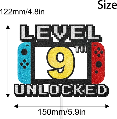 Miniatura 2 de Level Up - Decoración para tarta, letrero de juego de nivel 9, decoración de fiesta temática para videojuegos, suministros de fiesta para niños