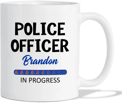 Taza de café personalizada con nombre de oficial de policía en progreso, con nombre de oficial de policía estudiantil, taza de cerámica blanca de