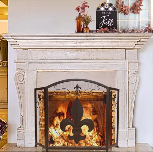 Miniatura 4 de BestGiftEver Pantalla decorativa para chimenea de 3 paneles con diseño de flor de lis, marrón oscuro clásico, cubierta decorativa de malla de hierro