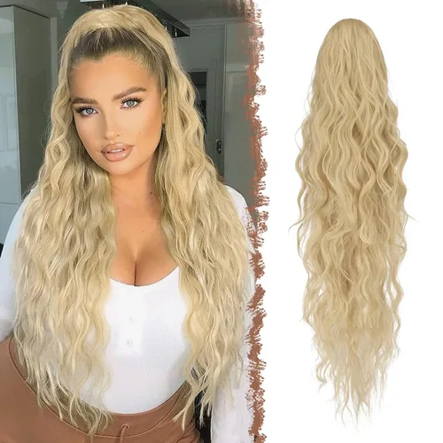 Miniatura 23 de FESHFEN Extensiones de cola de caballo – 26 pulgadas cordón largo rizado ondulado clip en colas de caballo pelo sintético extensiones de cola