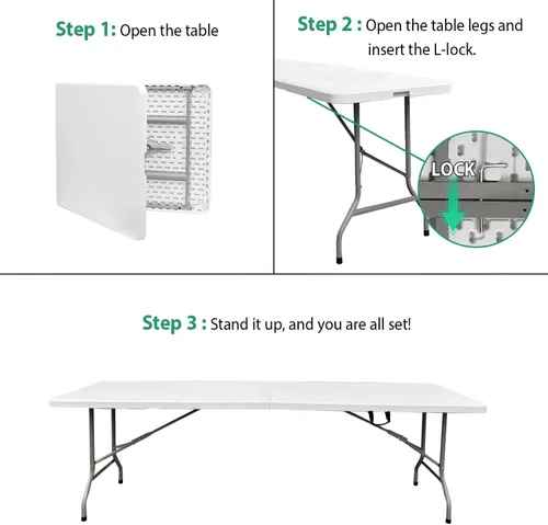 Miniatura 6 de Mesa plegable de 8 pies, mesa plegable portátil resistente de 8 pies Carry Handle, Fold-in-Half Design, Blow Molded Tabletop, Perfect for Party