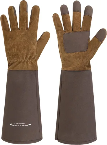 HANDLANDY Guantes largos de jardinería para hombres y mujeres, guantes de poda de rosas de cuero de vaca - guantes tipo manopla transpirables y