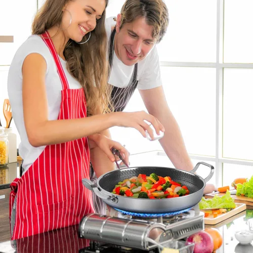Miniatura 7 de Sartén de acero inoxidable con tapa de cocción, sartenes antiadherentes de 13 pulgadas, sin PFOA, aptas para lavavajillas y horno