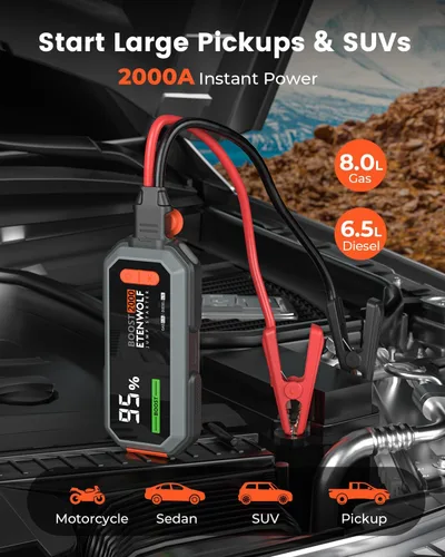 Miniatura 2 de Arrancador de Batería de Coche Portátil, Caja de Arranque de Pico de 2000A - Arrancador de Coche de 12V para hasta 8.0L de Gasolina y 6.5L