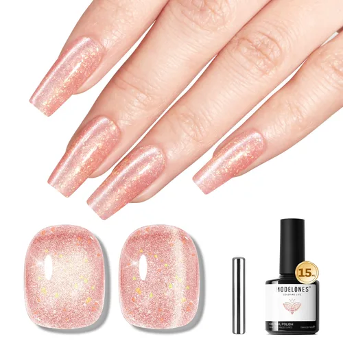Miniatura 34 de Modelones Esmalte de uñas de gel ojo de gato arco iris con lentejuelas plateadas holográficas, esmalte de uñas de gel 9D con barra magnética, apto