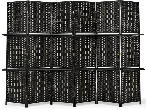 Miniatura 9 de Giantex Divisor de habitación de 6 pies y 6 paneles con estantes, pantallas de privacidad plegables de ratán tejido a mano para separación