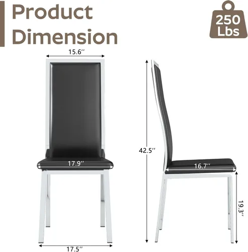 Miniatura 2 de Juego de 6 sillas modernas de comedor - Piel sintética negra con patas de metal cromado plateado, diseño de respaldo alto curvo y acolchado tipo