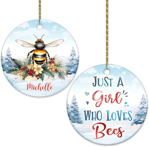 Hyturtle Adorno de Navidad personalizado, con nombre personalizado, círculo de cerámica, para amantes de las abejas, decoración de árbol, regalo